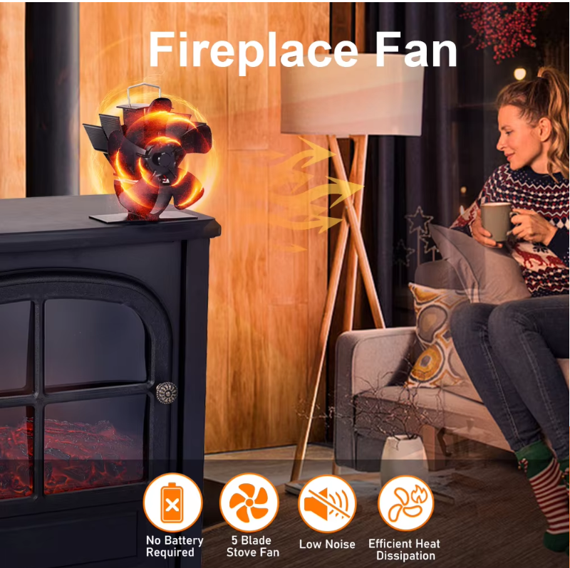 Heat-Powered 5-Blade Fan for Even Heat Distribution for Wood Stoves and Fireplaces